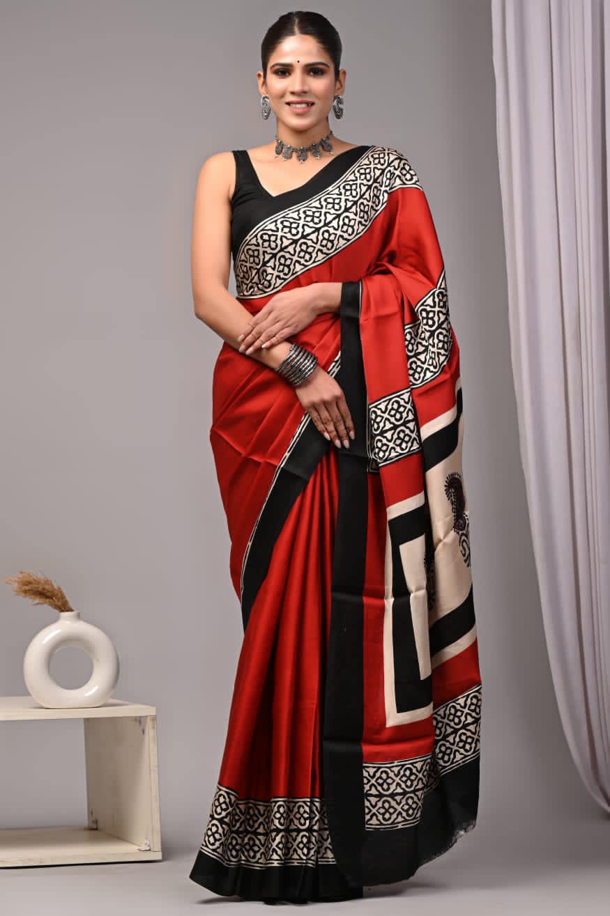 Red & Black Printed Silk Saree