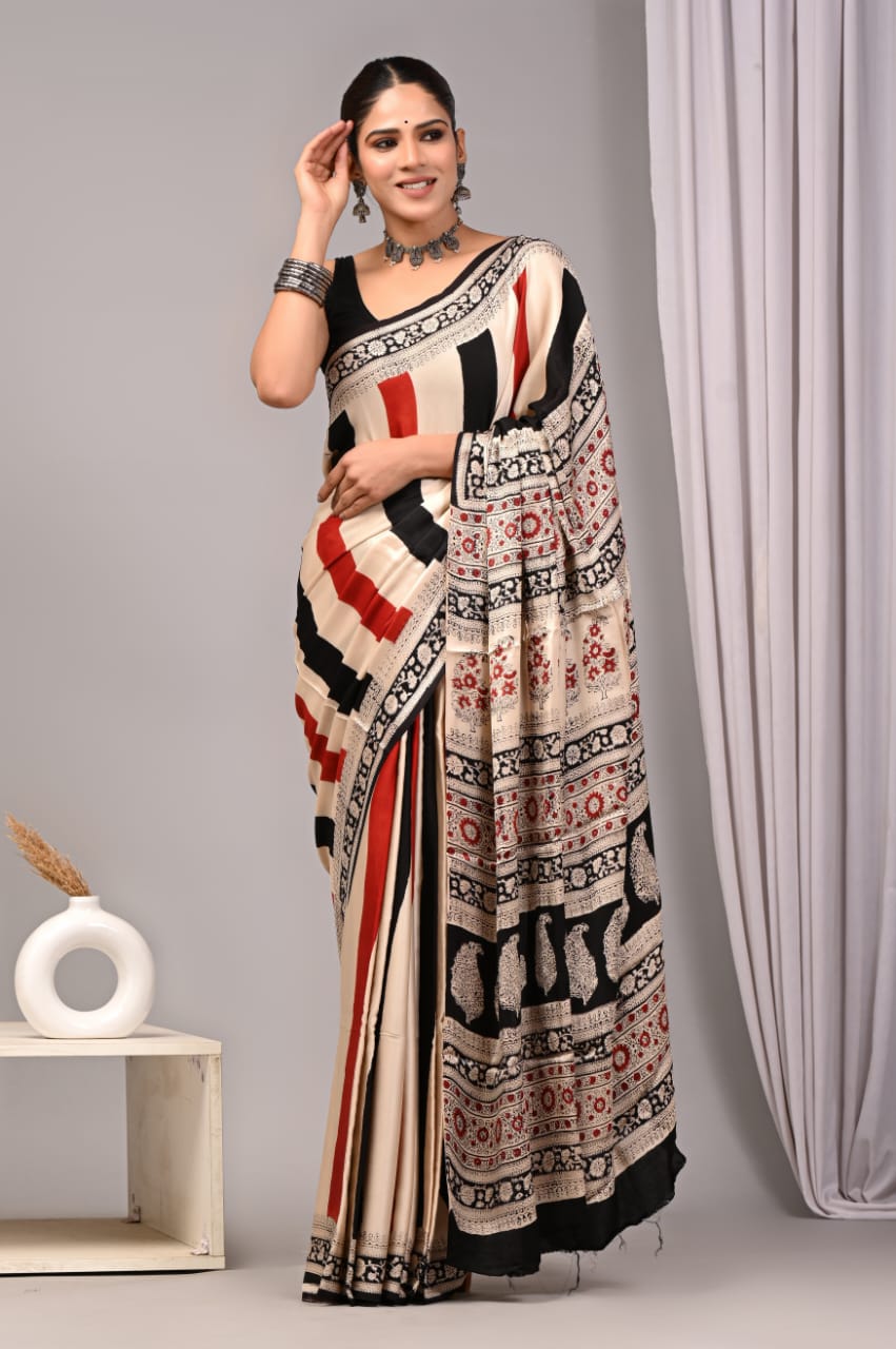 Cream White Black and Red Strip Floral Pattern Printed Ajrakh Silk Saree