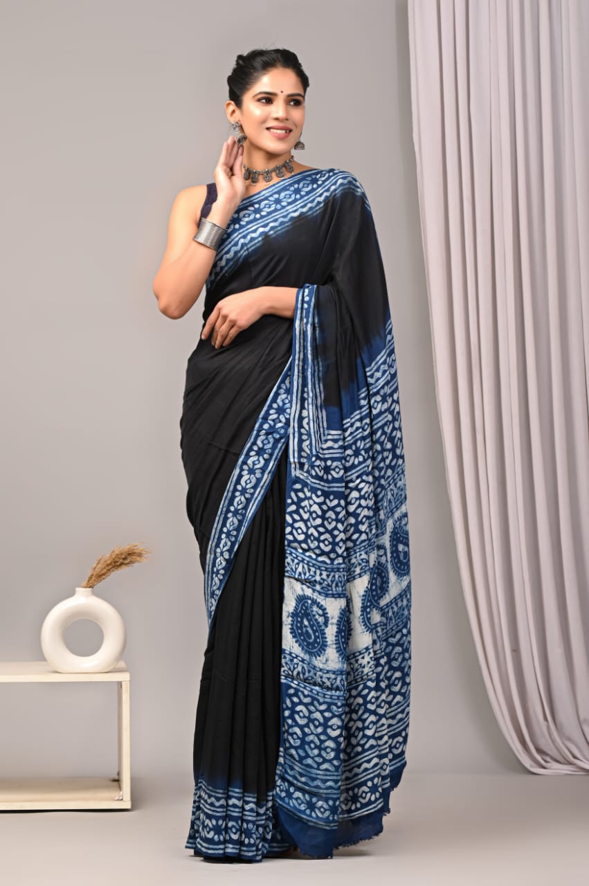 Sky Blue Black Floral Pattern Printed Ajrakh Silk Saree