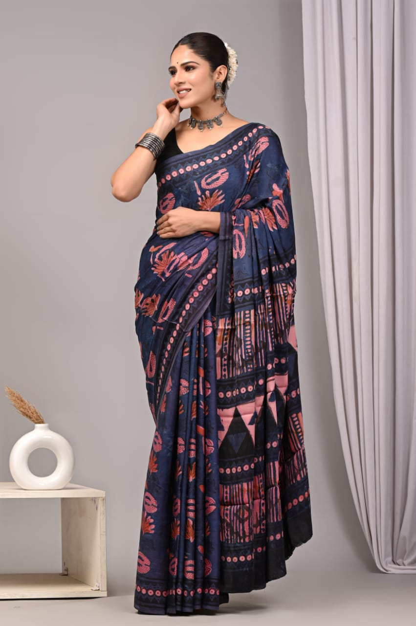 Dark Blue Pattern Printed Ajrakh Silk Saree