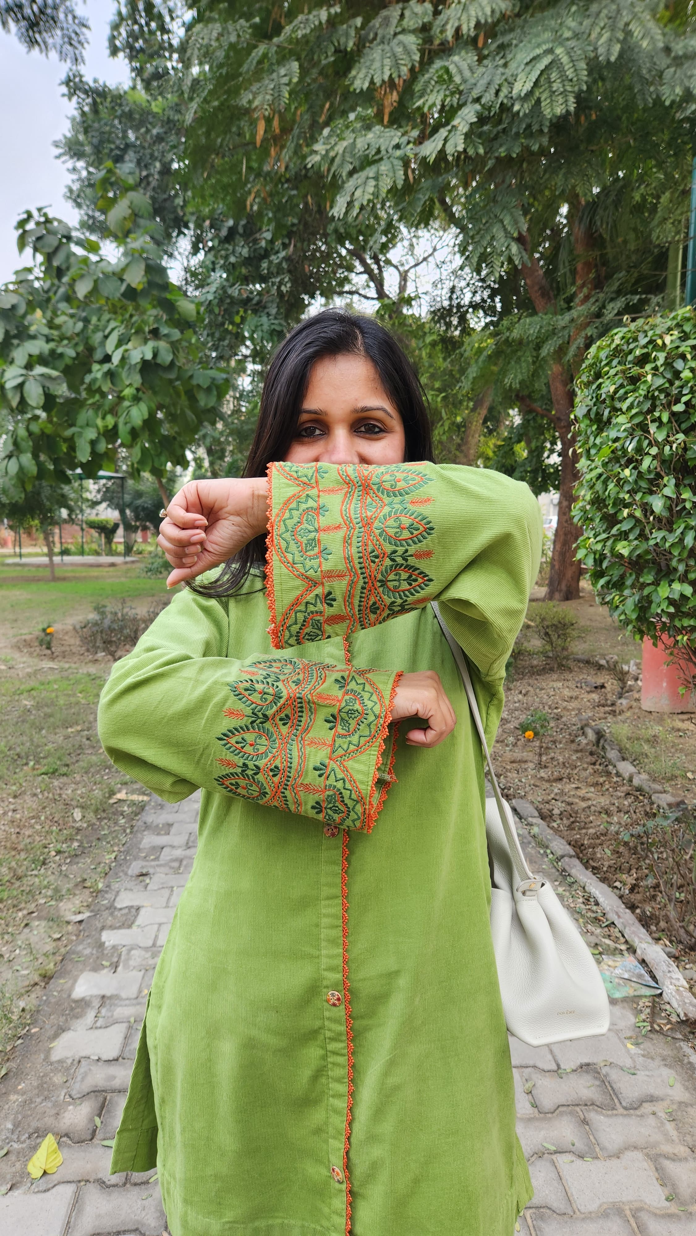 Light Green Corduroy Winter Wear with Thread Work Embroidery