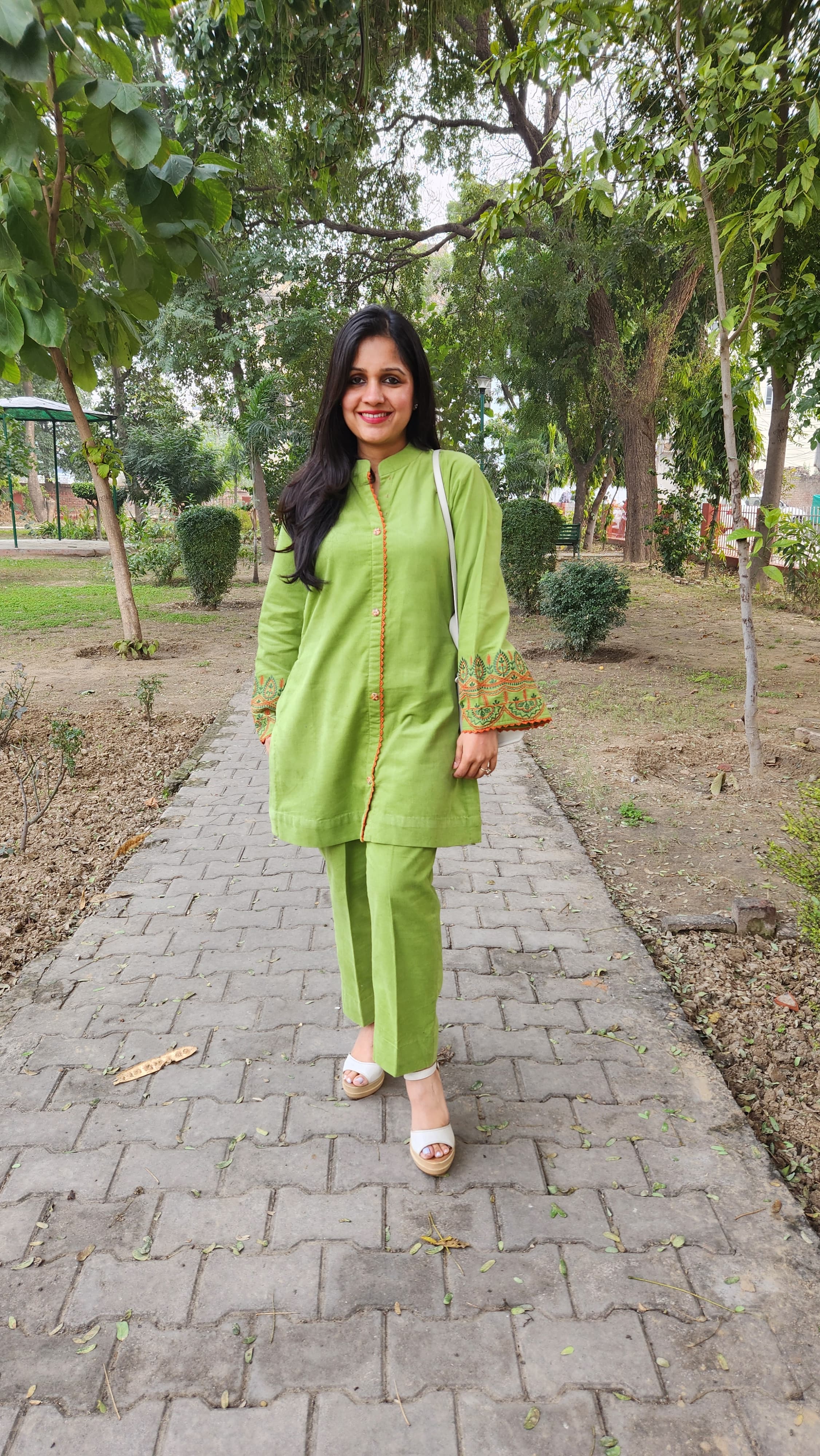 Light Green Corduroy Winter Wear with Thread Work Embroidery