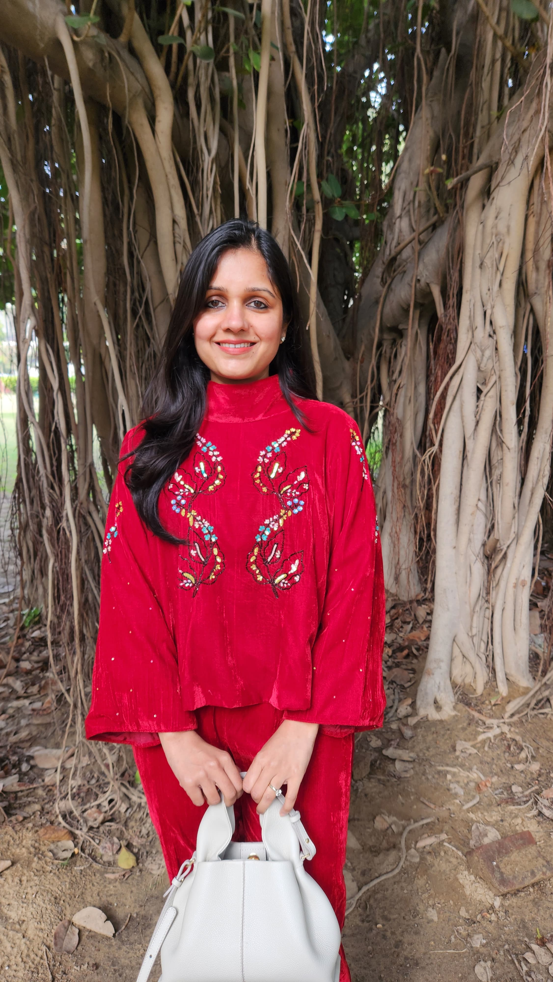 Elegant Cherry Red Velvet Winter Wear with Handwork Embroidery