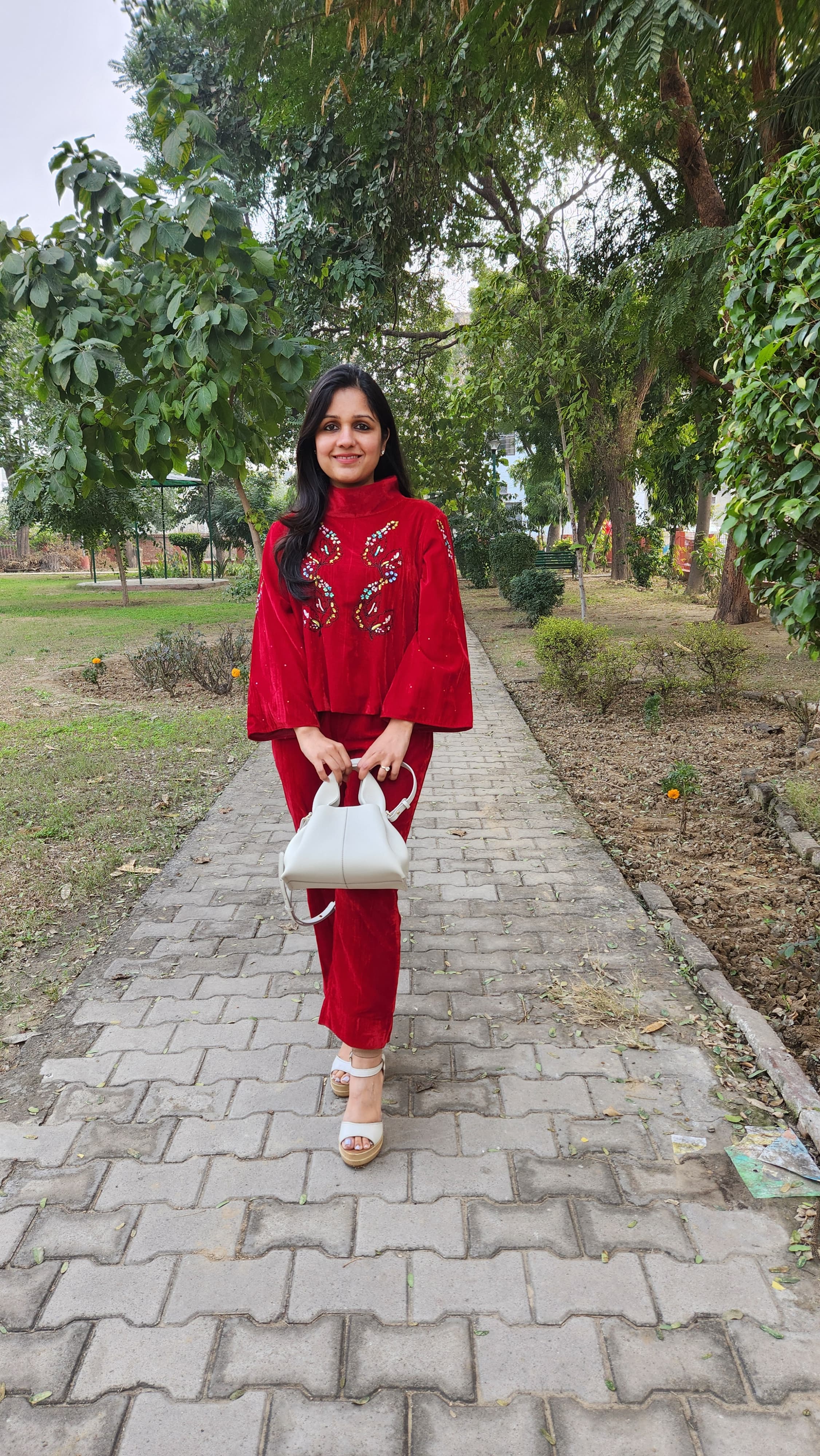 Elegant Cherry Red Velvet Winter Wear with Handwork Embroidery