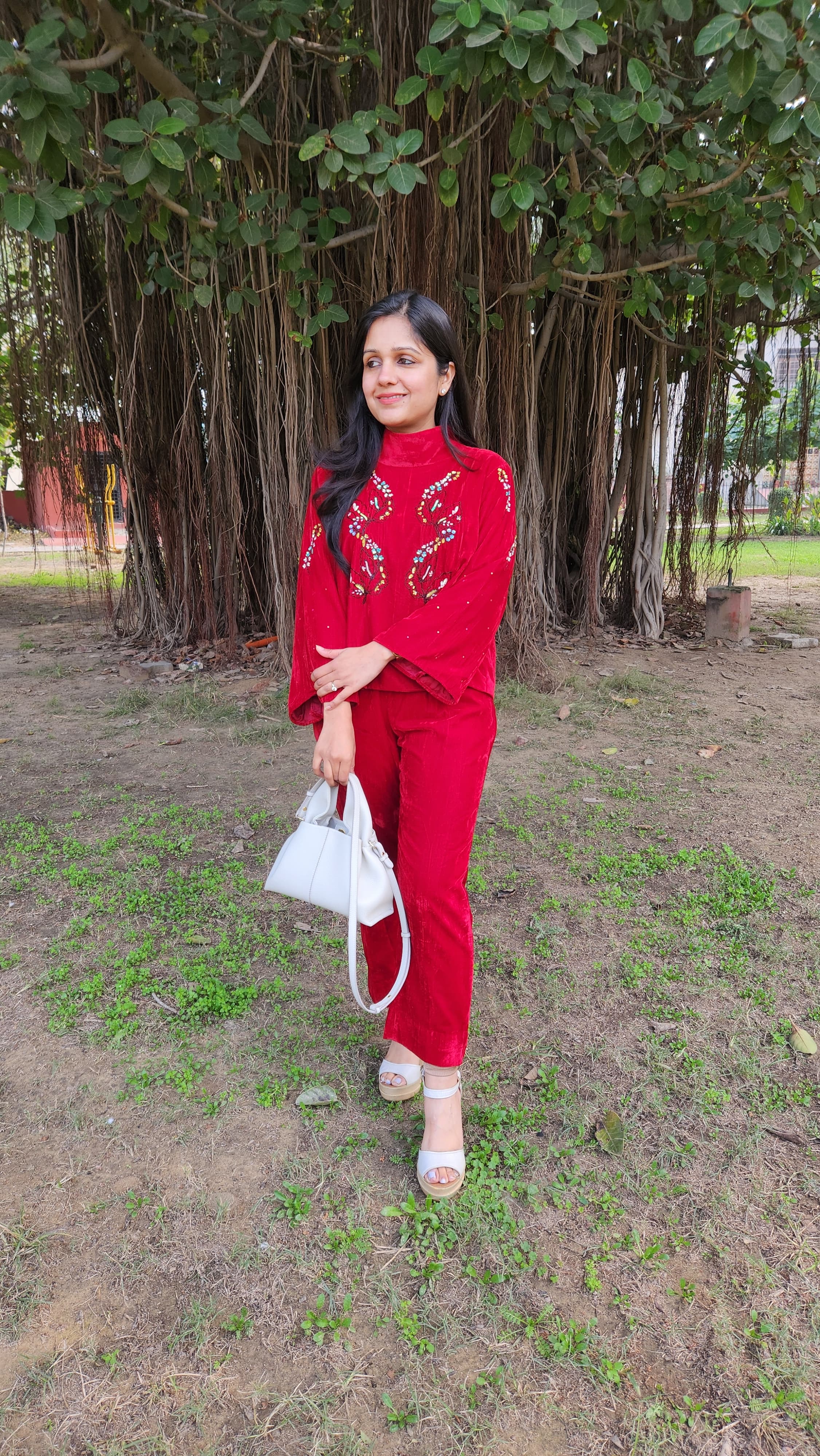 Elegant Cherry Red Velvet Winter Wear with Handwork Embroidery