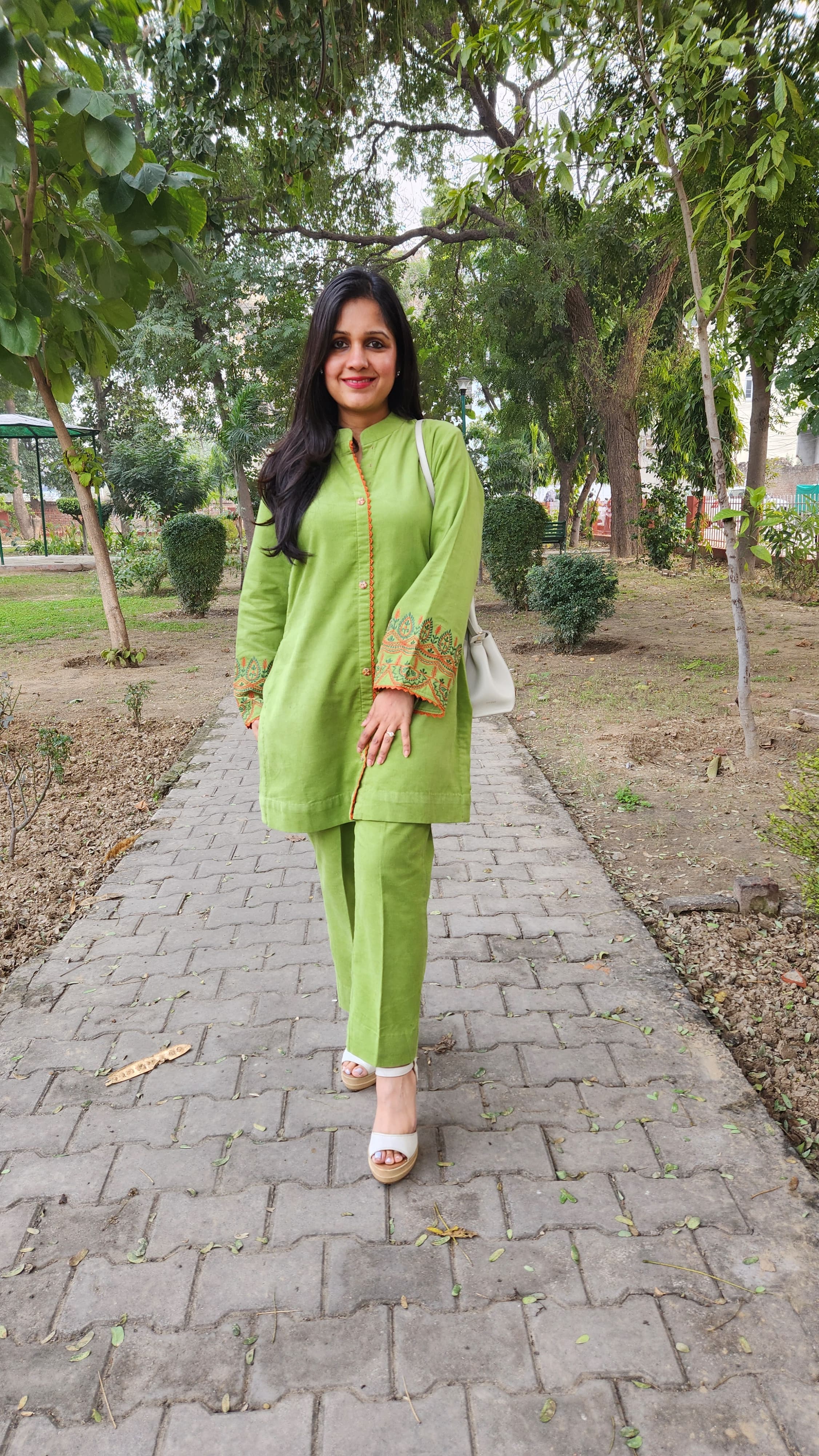 Light Green Corduroy Winter Wear with Thread Work Embroidery