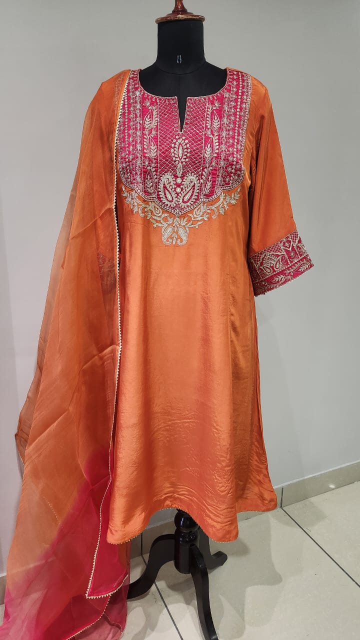 Rust & Magenta Pink Soft Silk Suit with Dupatta